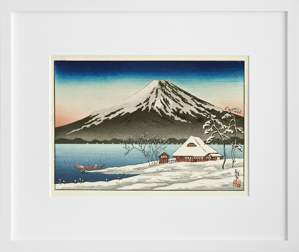 Winter landscape with small snow-covered building on the coast and view of Mount Fuji (Final Sale)