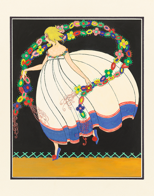 Woman in wide dress, garland in hands