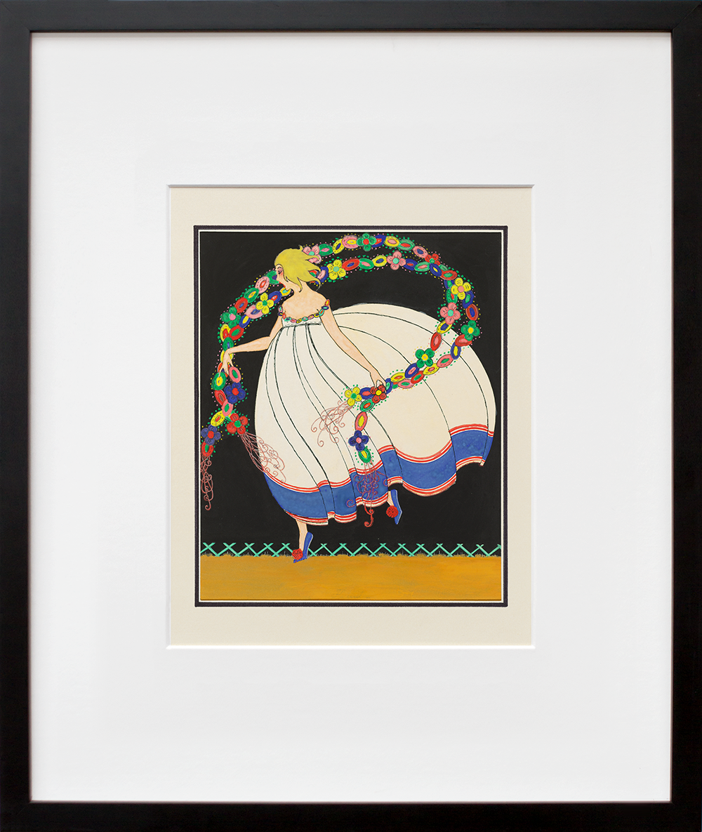 Woman in wide dress, garland in hands in a black frame