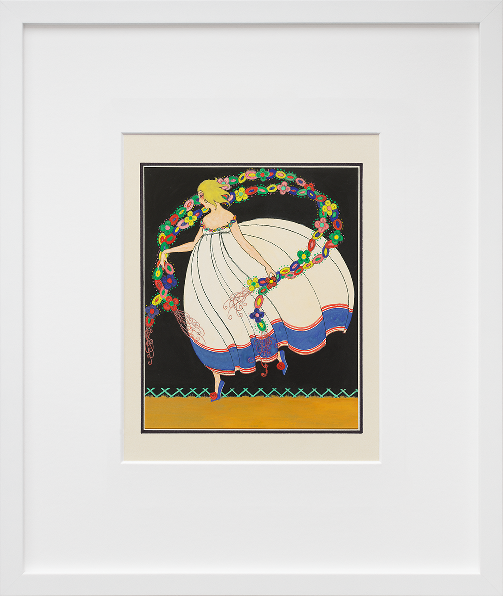 Woman in wide dress, garland in hands in a white frame