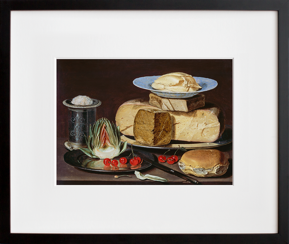 Still Life with Cheeses, Artichoke, and Cherries in a black frame