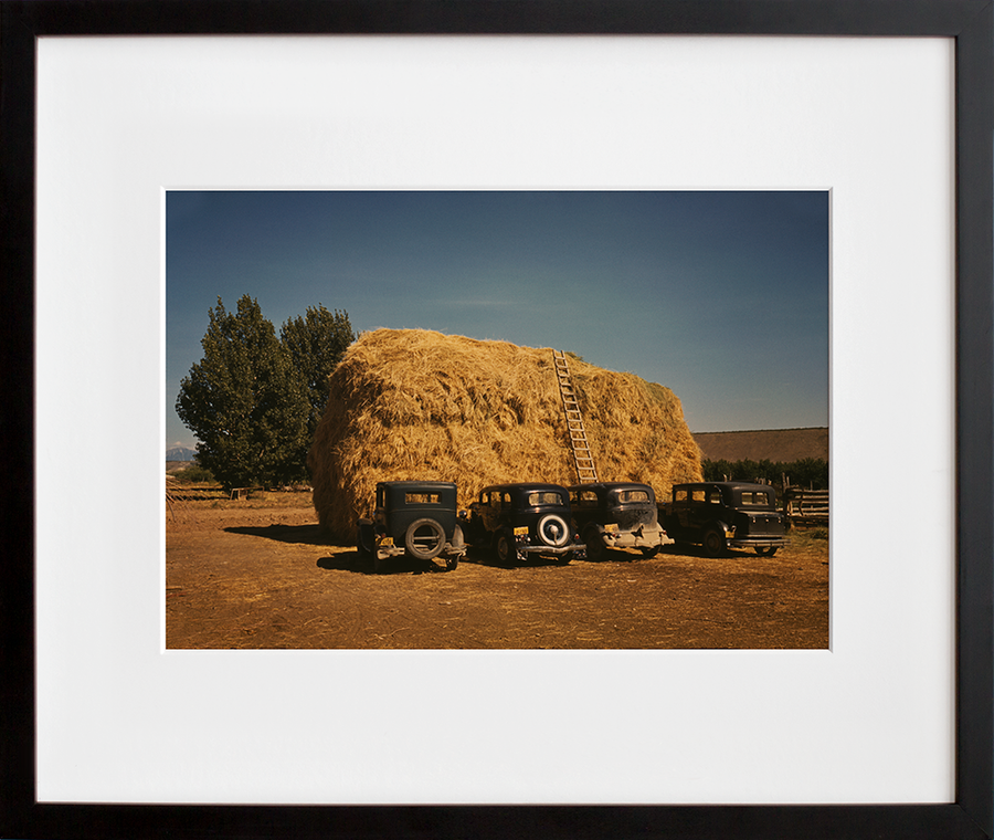 Hay stack and automobile of peach pickers, Delta County, Colorado
