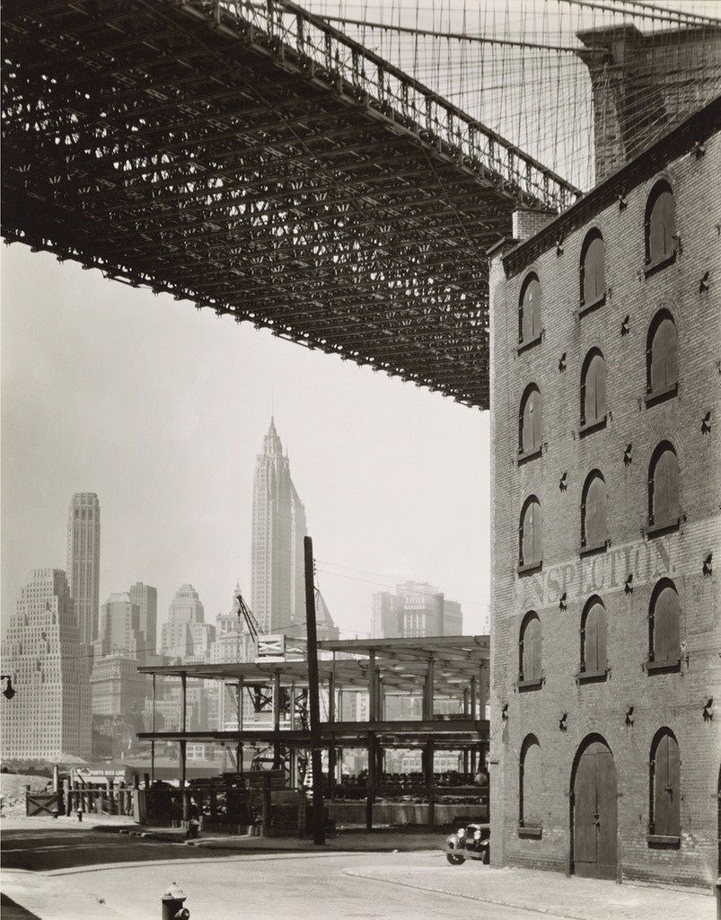 Berenice Abbott's Brooklyn Bridge, Water and Dock Streets