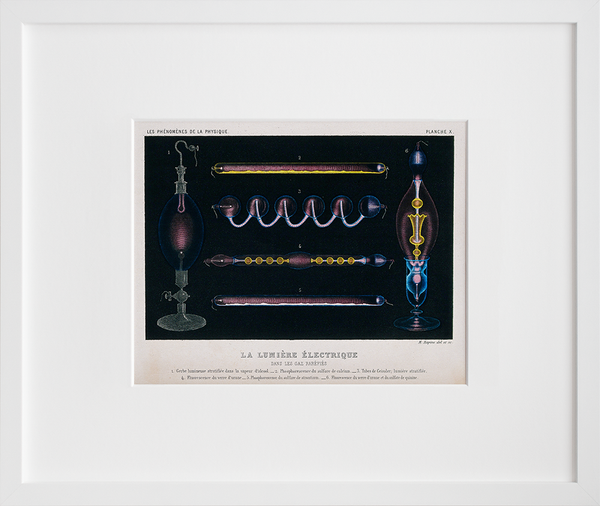 Six kinds of electric light produced in tubes containing different gases in white frame