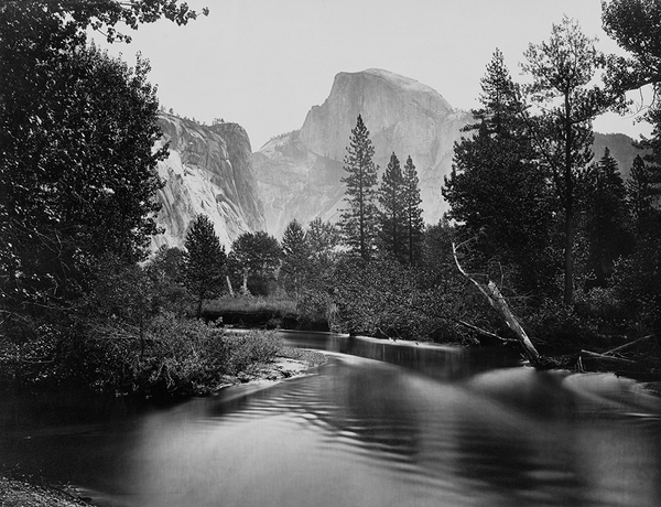 Stream and trees with Half Dome in background, Yosemite Valley, Calif.