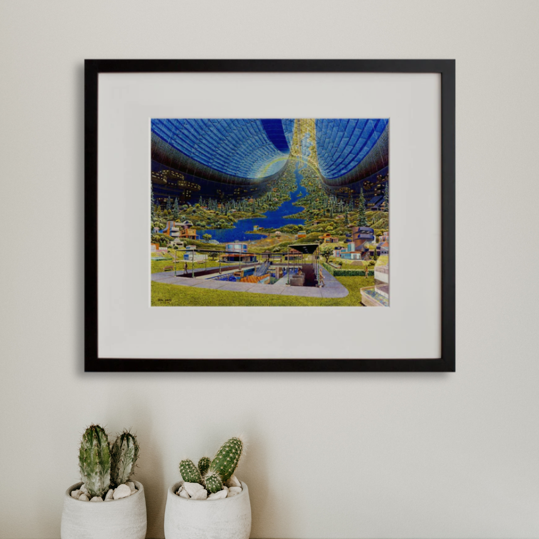 Torus Interior AC75-2621 5718: painting of the inside of a 1970s NASA space colony design, in a black frame on a wall
