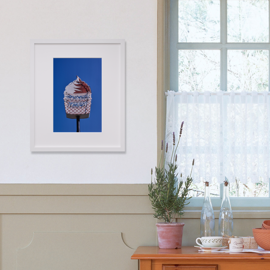Oliver Twist ice cream sign, Royal Oak, Michigan in a white frame on a wall