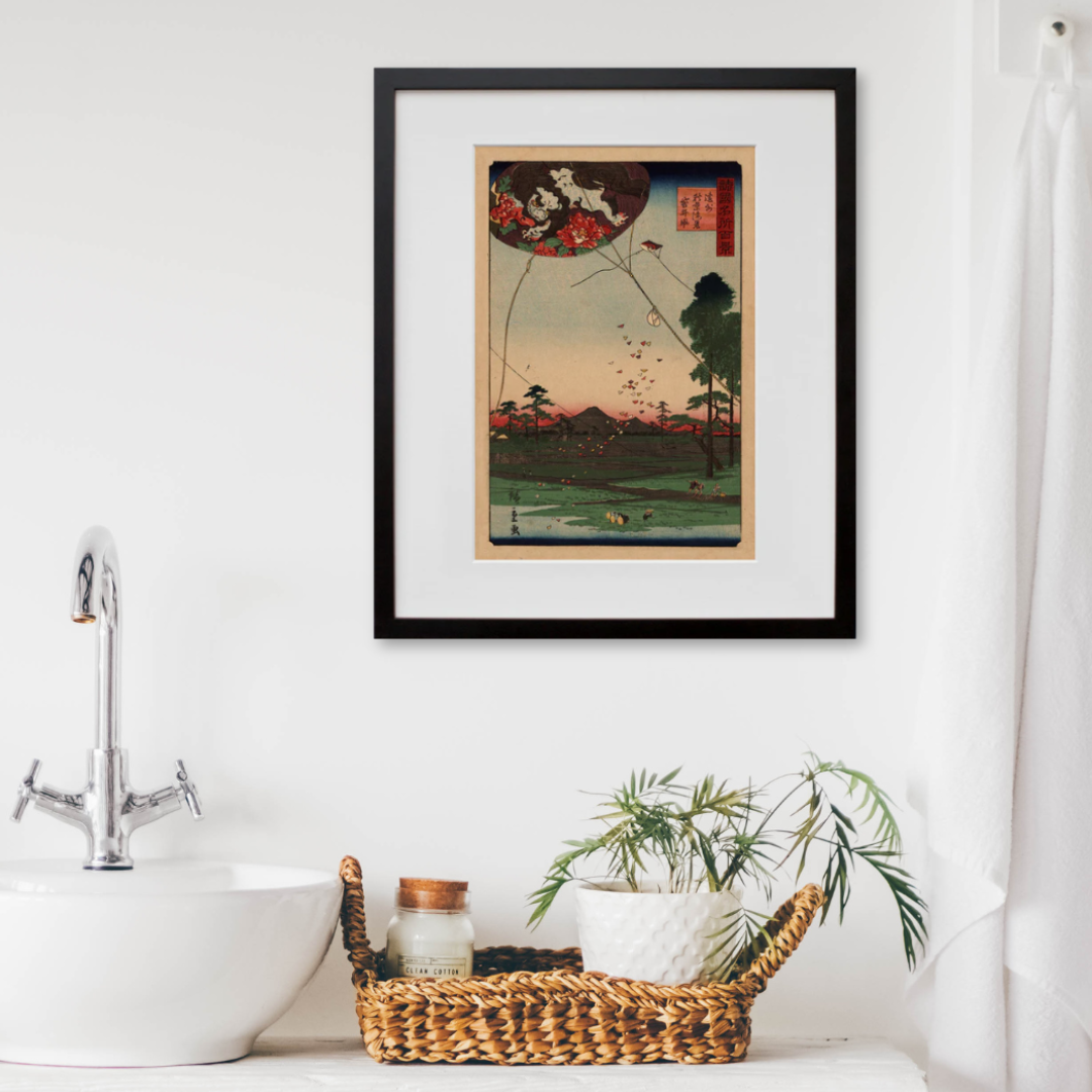 Kites of Fukuroi in a black frame on a wall