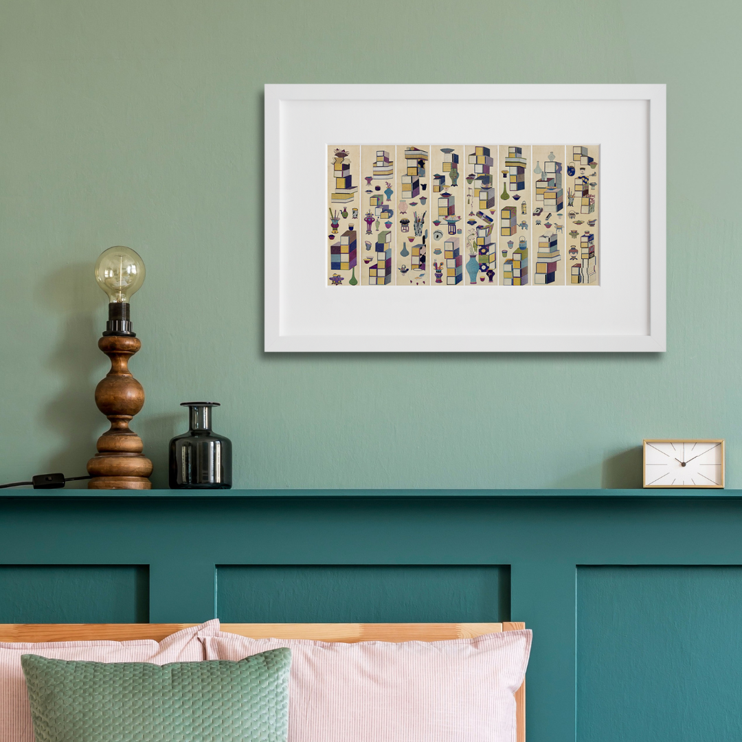 Chaekgeori (Scholar's Accoutrements) in a white frame on a wall