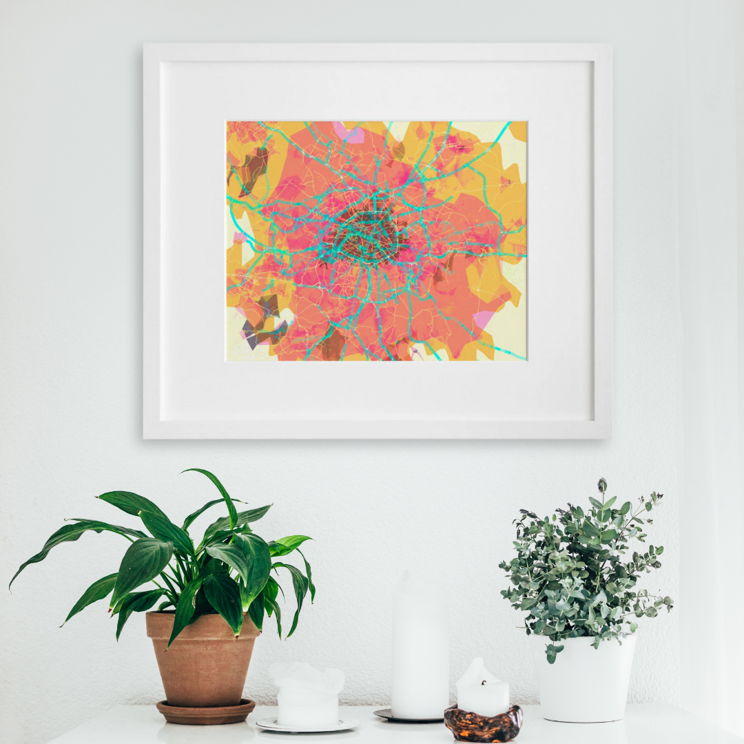 prettymaps (paris) in a white frame on a wall