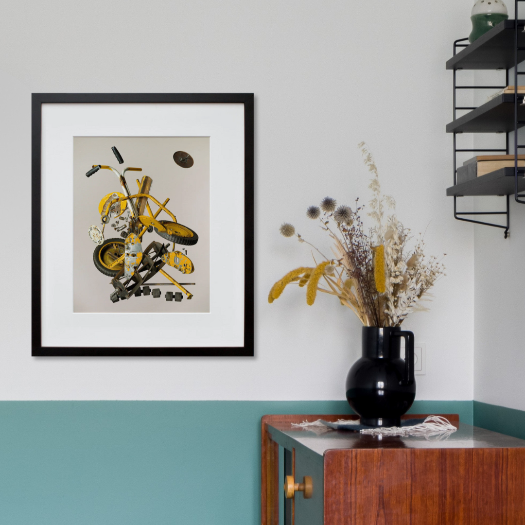 Apart Push Lawn Mower in a black frame on a wall