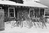 Skis outside of tollhouse at the foot of Smugglers Notch