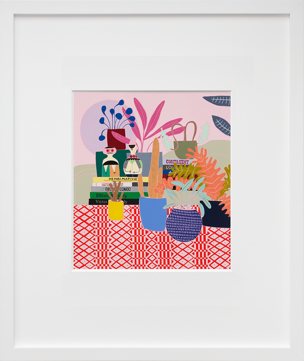 Girard Dolls, Books and Plants in a white frame