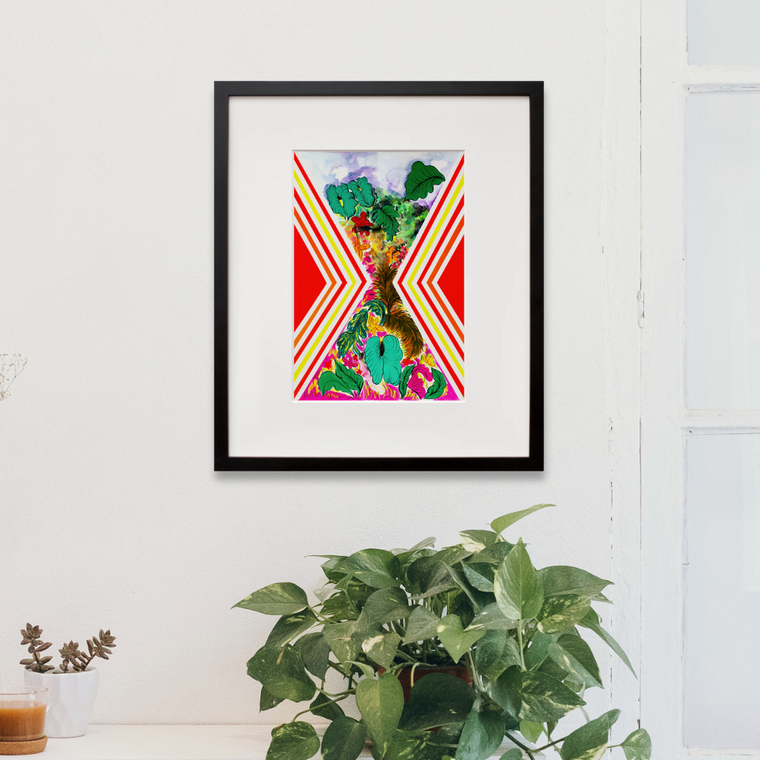 Tropical Geometries Ruana Interruption (Red and Gold) in a black frame on a wall