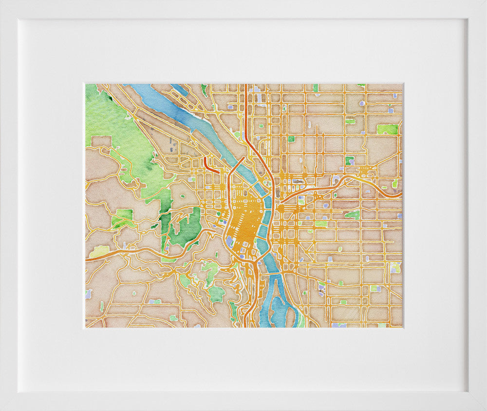 Watercolor Portland in a white frame