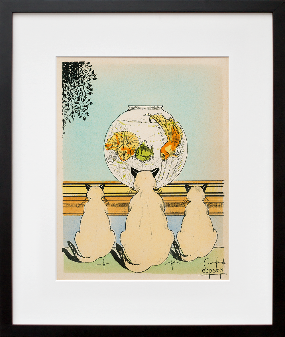 Three cats watching fish in an aquarium in a black frame