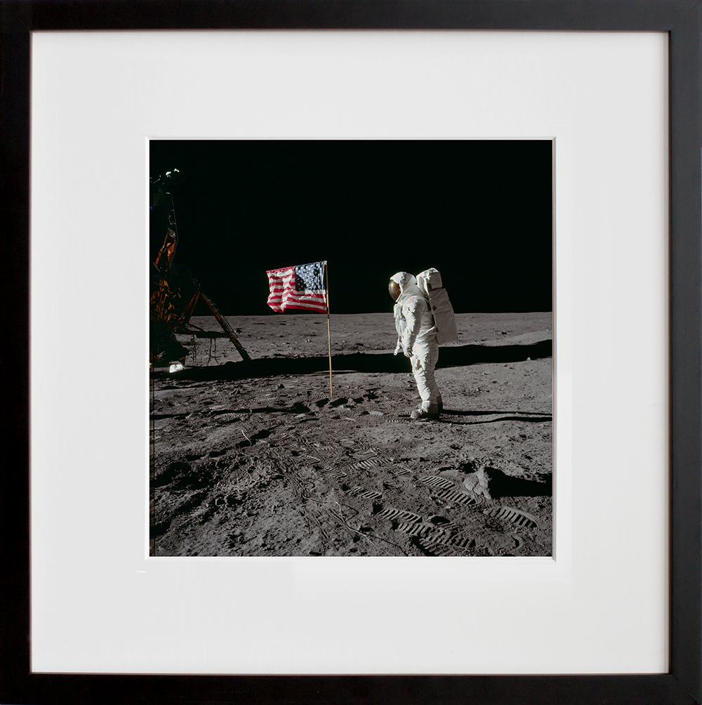AS11-40-5875 (Buzz Aldrin and the U.S. Flag) in a black frame