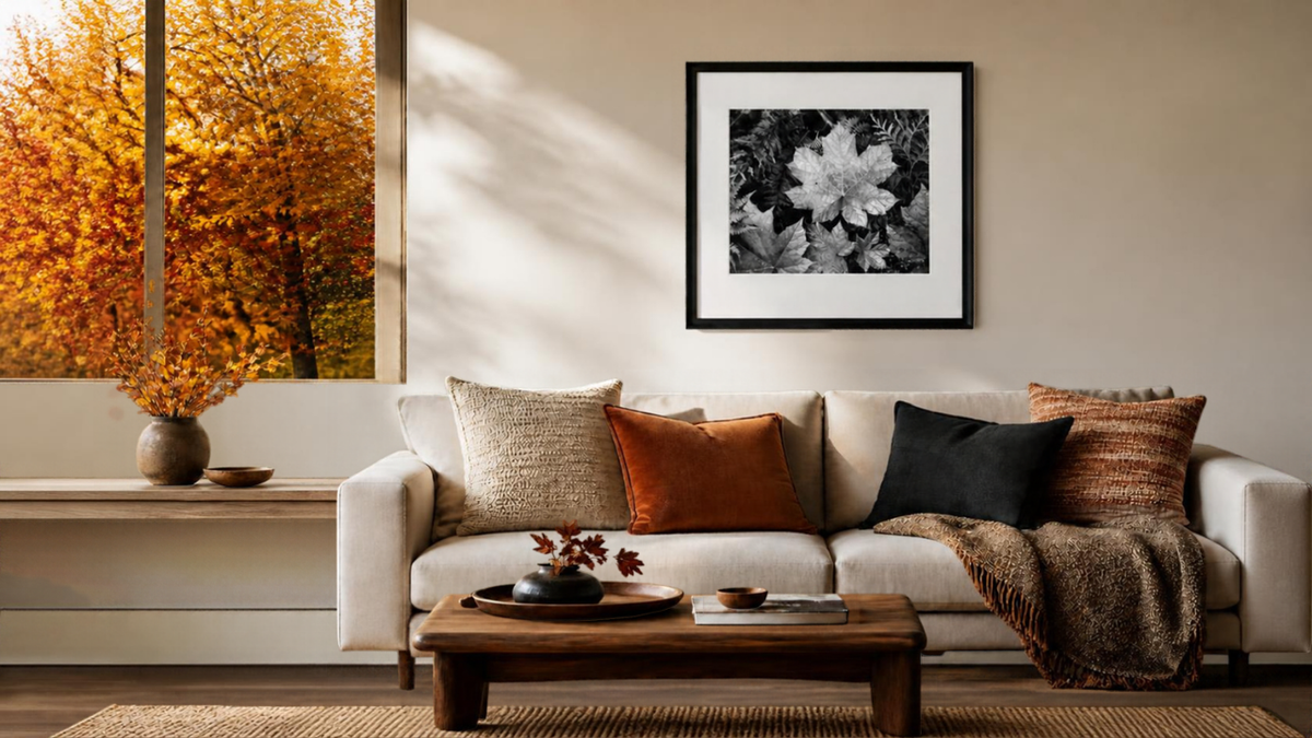Ansel Adams' black-and-white leaf print framed above a sofa in an autumn living room