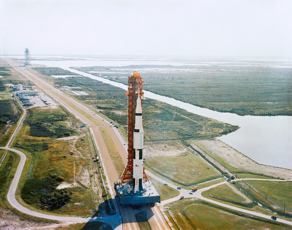 S68-49389: the Apollo 8 Saturn V rocket rolling out to the launch pad