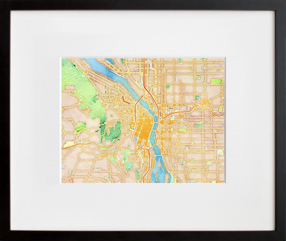 Watercolor Portland in a black frame