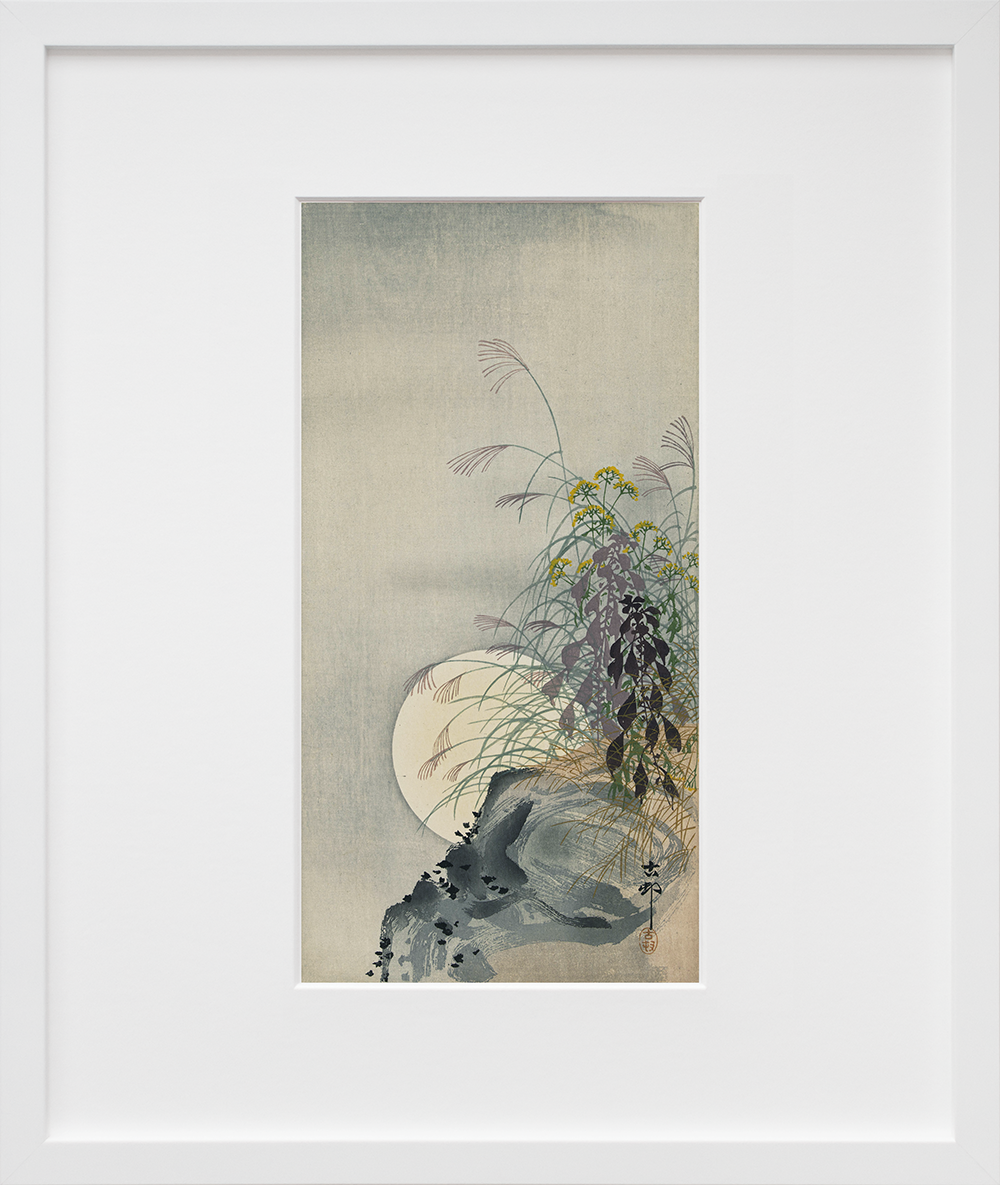 Grasses at full moon in a white frame
