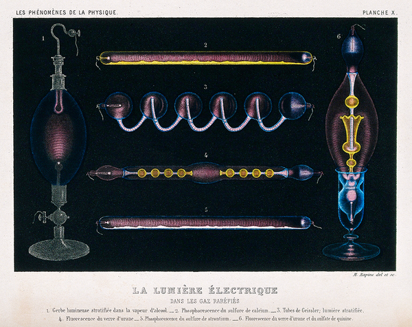 Six kinds of electric light produced in tubes containing different gases