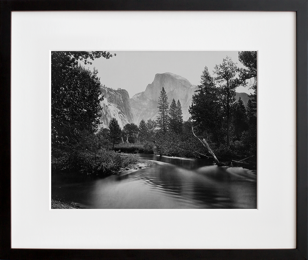 Stream and trees with Half Dome in background, Yosemite Valley, Calif. in a black frame